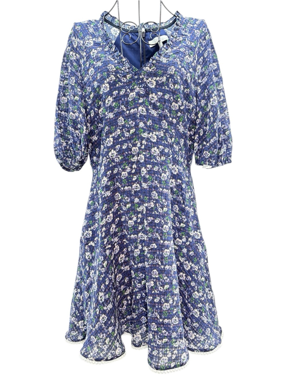 Pearl by Lela Rose Blue Floral V-Neck Swing Dress Ruffle Lace Cottagecore Size 6